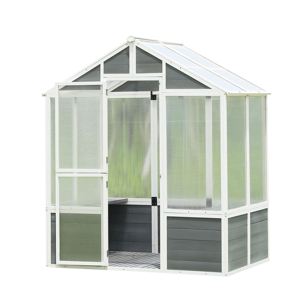 Walk-In Wooden Greenhouse with Polycarbonate Panels & Lockable Door - White / Gray