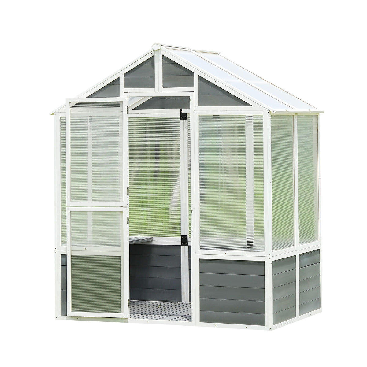 Walk-In Wooden Greenhouse with Polycarbonate Panels & Lockable Door - White / Gray