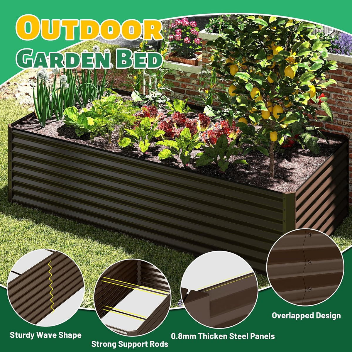6x3x2ft Galvanized Raised Garden Bed – Brown, view 9