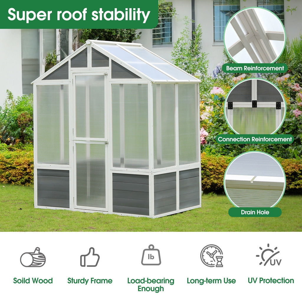 Walk-In Wooden Greenhouse with Polycarbonate Panels & Lockable Door - White / Gray, view 2