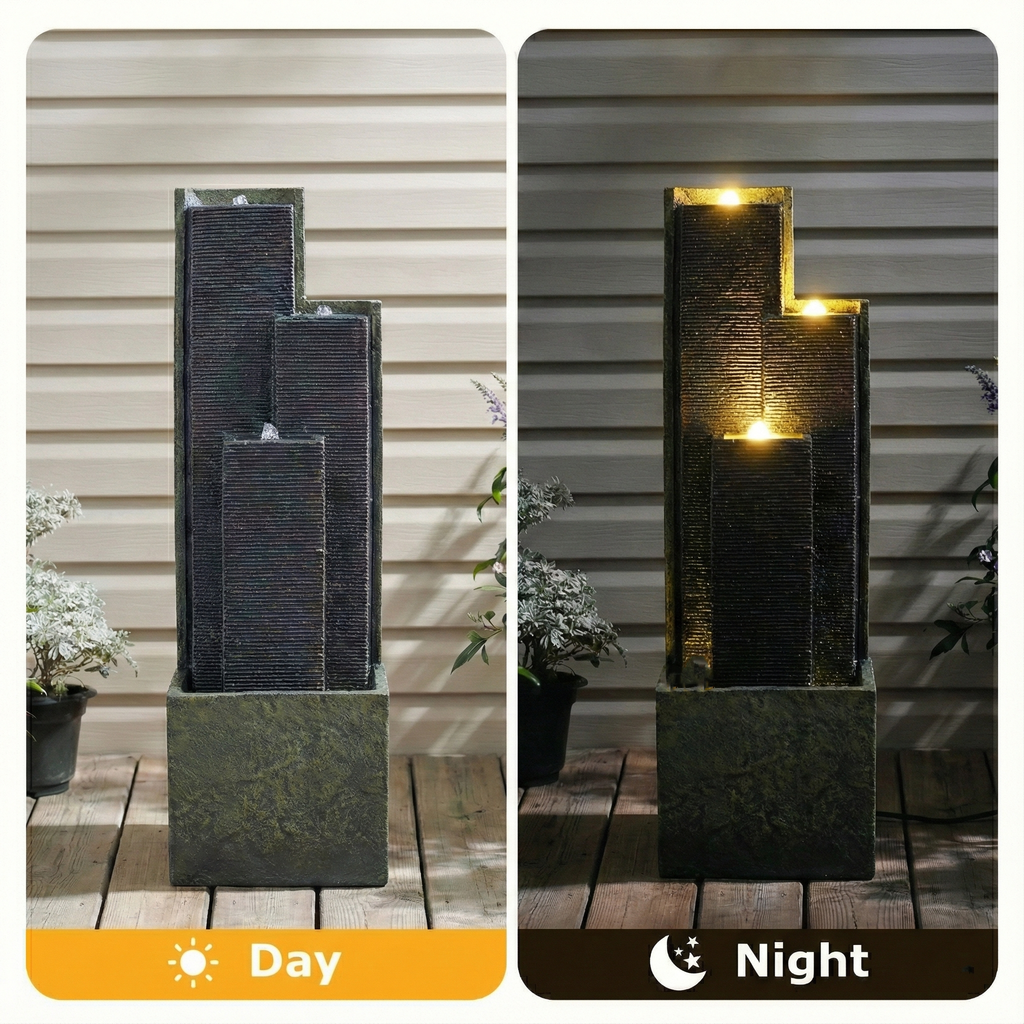 39" H Outdoor Water Fountain Modern Cascading Freestanding Fountain with LED Lights for Garden Patio Porch, view 4