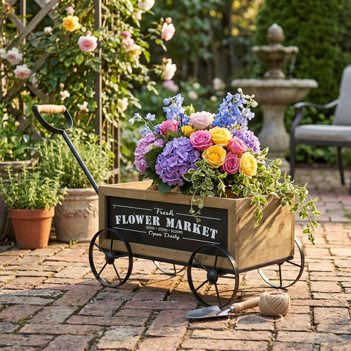 16.5x9.5x8" Rustic Wooden Wagon Planter with Flower Market Sign