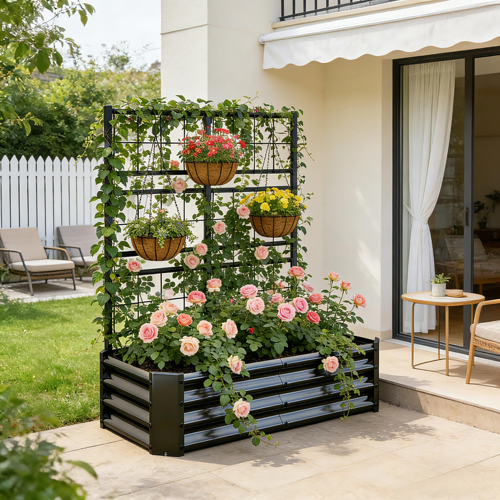 4x2x1FT Galvanized Raised Garden Bed with Arch Trellis – Black, view 3