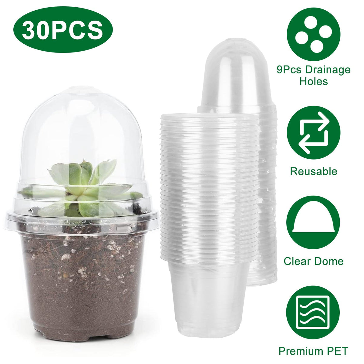 30Pcs Plant Nursery Pots PET Flower Seed Starting Pots Container with Dome with Drainage Holes, view 3