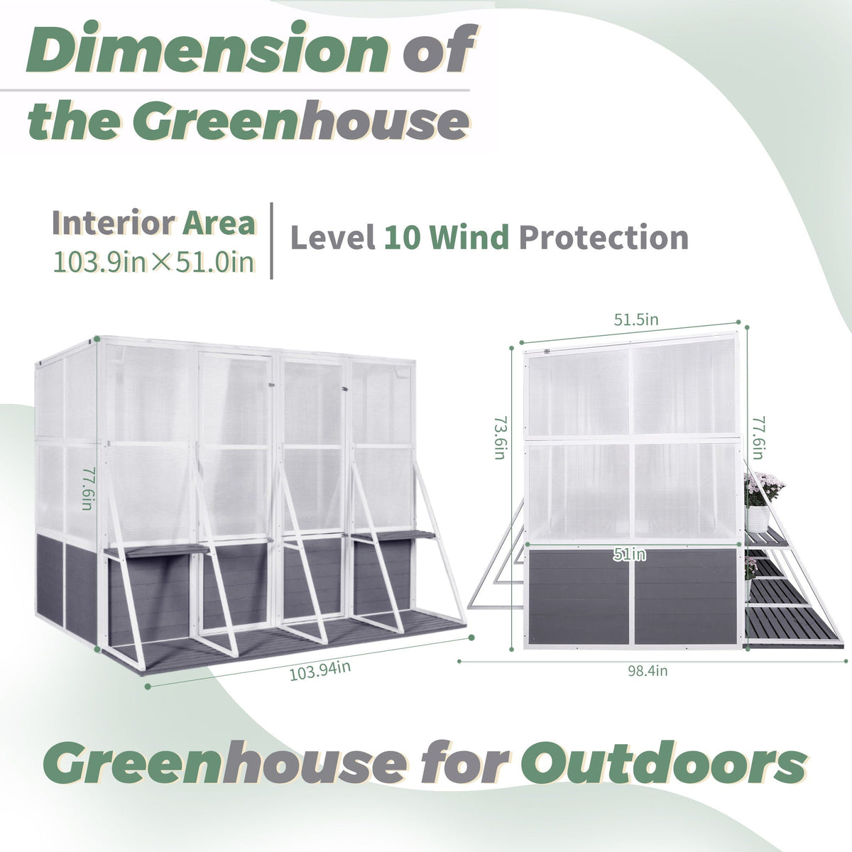 Walk-In Wooden Lean-To Greenhouse, Heavy Duty Polycarbonate - White / Gray