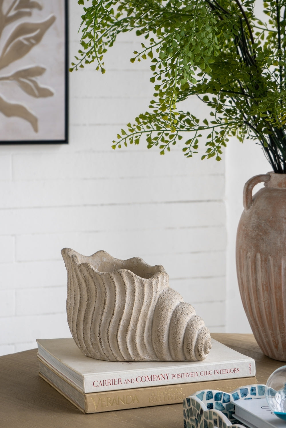 11.5x7x7' Sand and Cement Nautilus Shell Planter with Textured Beige Finish, view 2