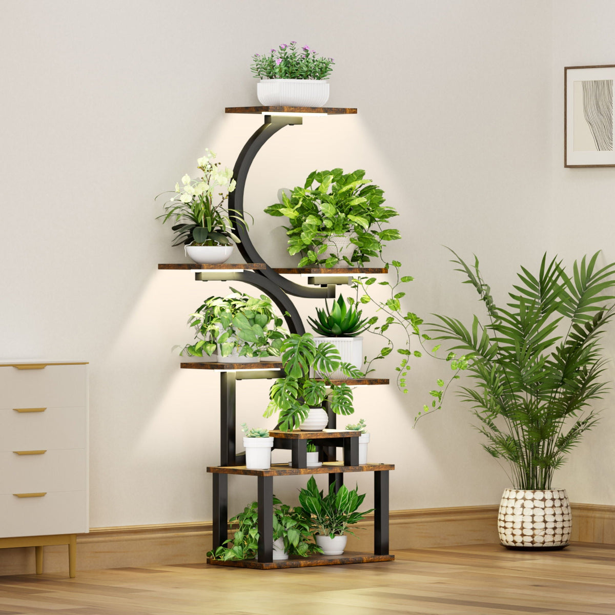 8-tier plant stand with 5 grow lights, rustic brown, view 2