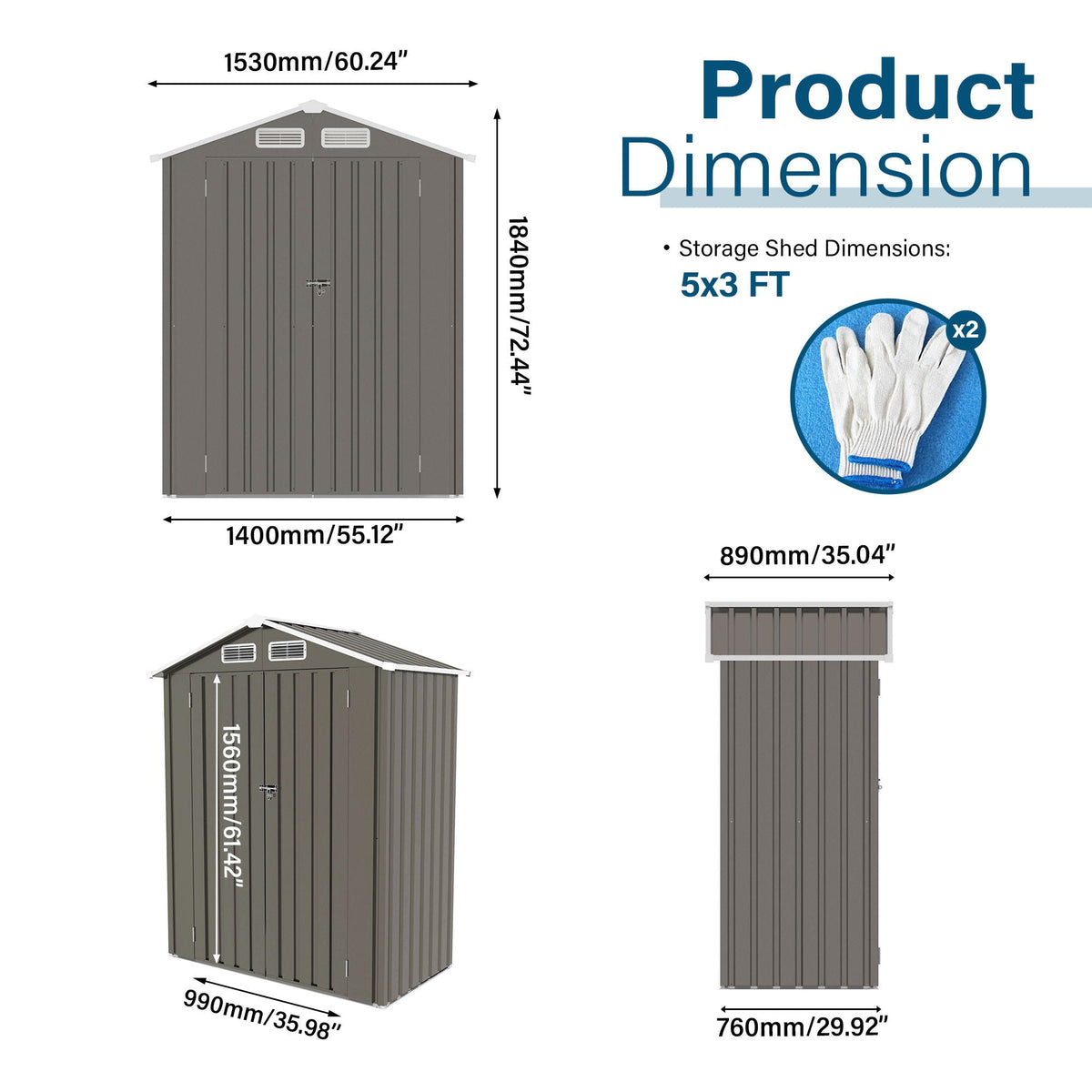 5 X 3 Ft Compact Metal Outdoor Storage Shed With Pitched Roof, Lockable Door - Gray, view 3