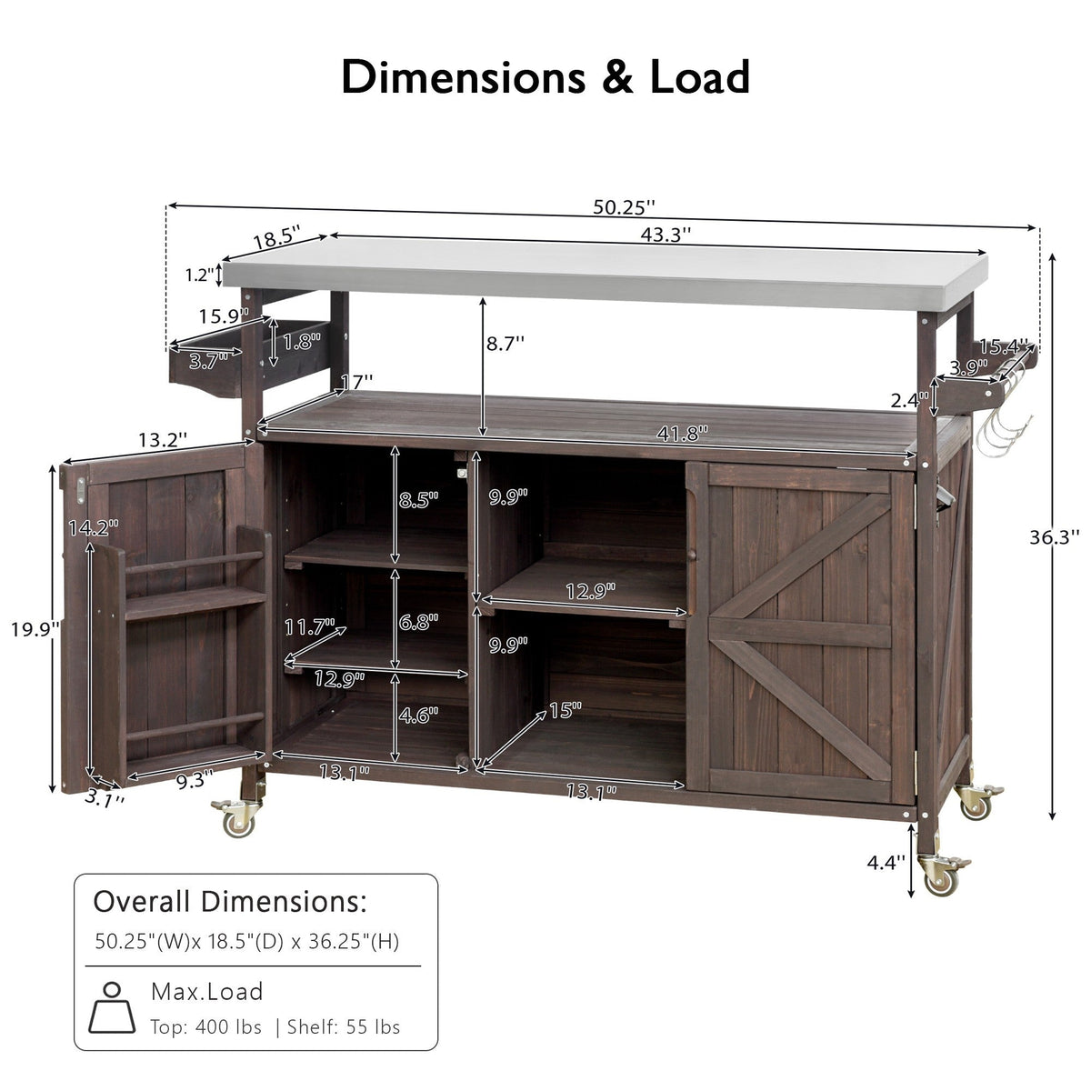 K&K Rolling Bar Cart & Storage Cabinet – FSC-Certified Fir Wood, view 8