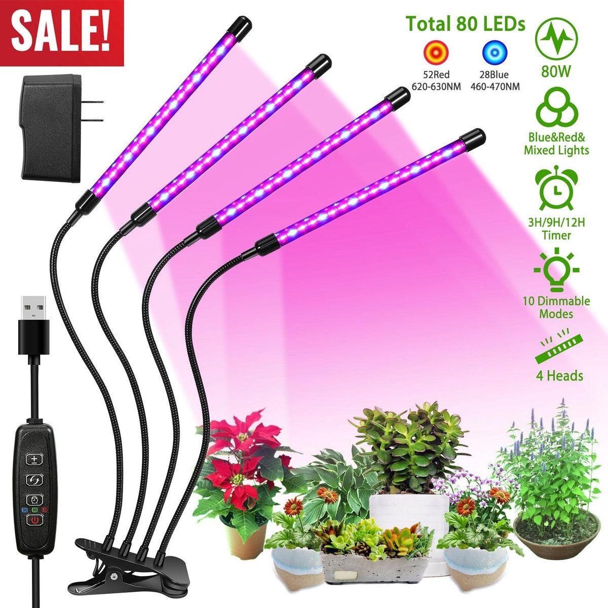 Grow Lights for Indoor Plants, iMounTEK 80W 80 LEDs Plant Lights with Red Blue Full Spectrum 10 Dimmable, view 2