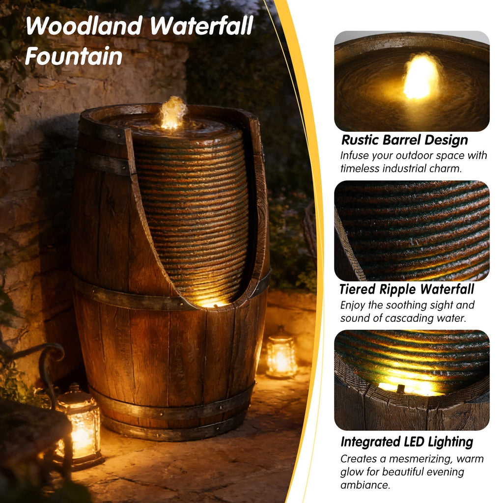 Outdoor Barrel Water Fountain with Rustic Wood Look Resin, view 3