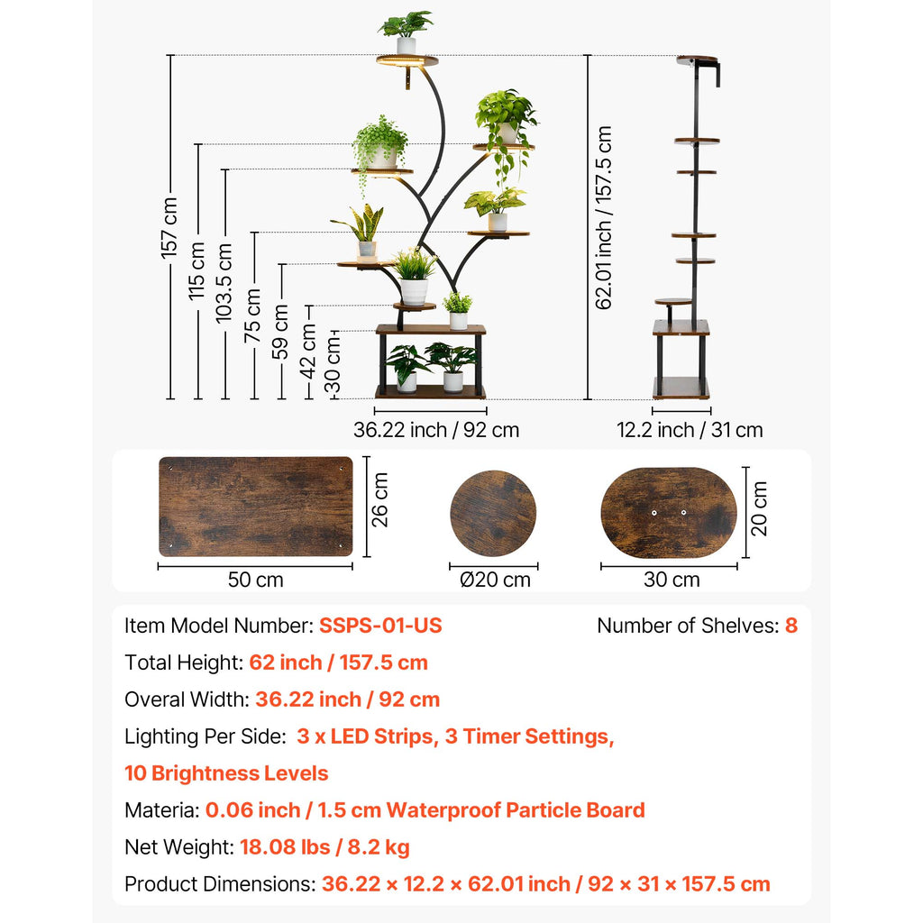 62" arched 8-tier lighted plant shelf, view 9