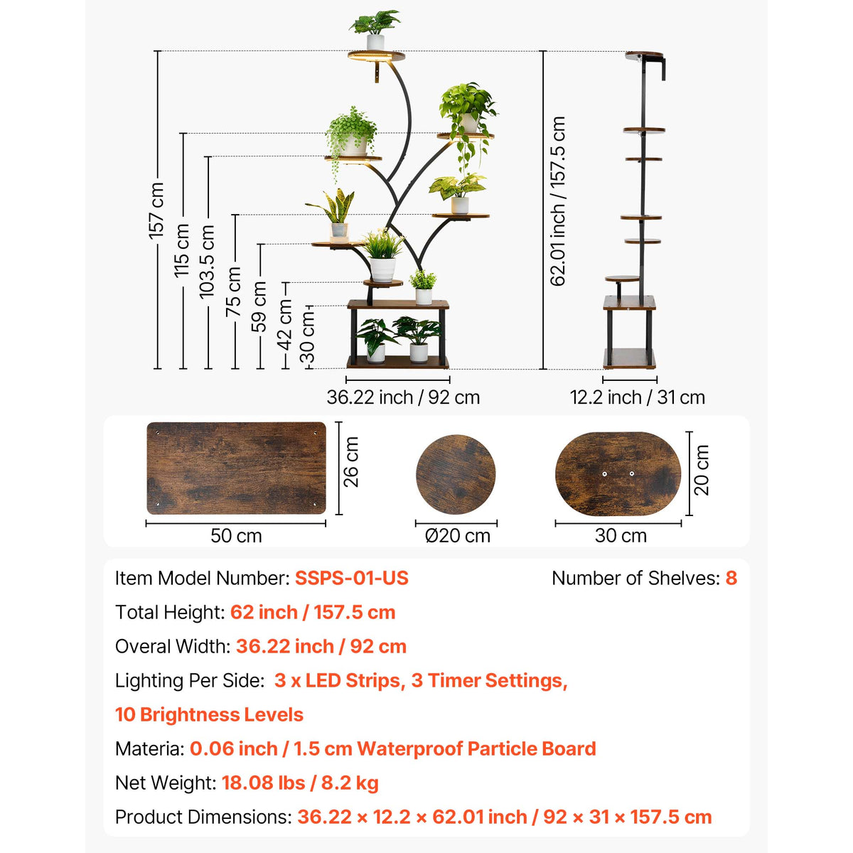62" arched 8-tier lighted plant shelf, view 9