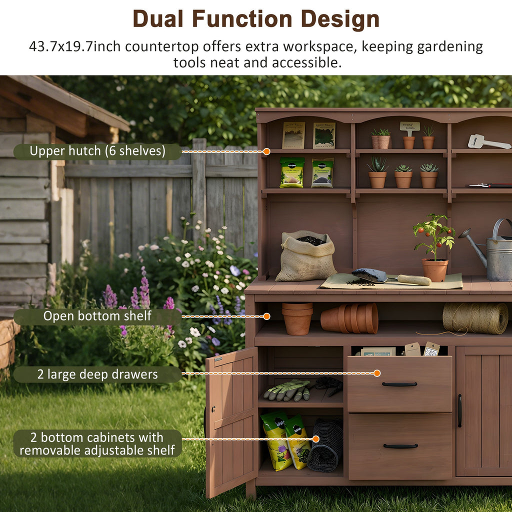 TOPMAX Large Fir Wood Potting Bench with Hutch and Storage, view 6