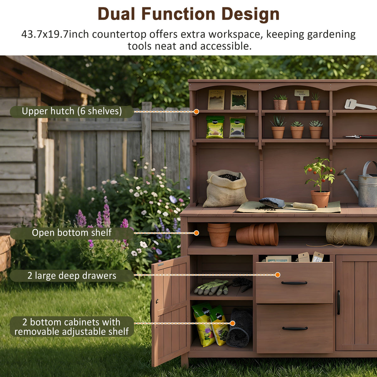 TOPMAX Large Fir Wood Potting Bench with Hutch and Storage, view 6
