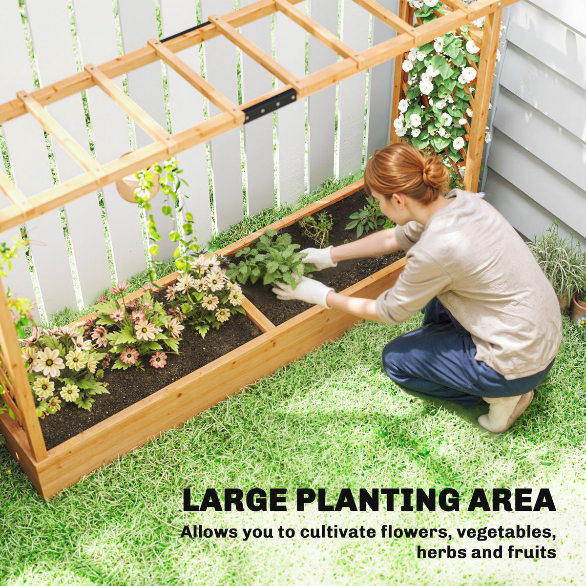 Wood Raised Garden Bed with Trellis - Large Outdoor Planter Box, view 6