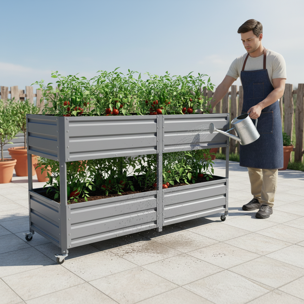 Dual Tier Elevated Metal Raised Garden Bed with Lockable Wheels, view 5