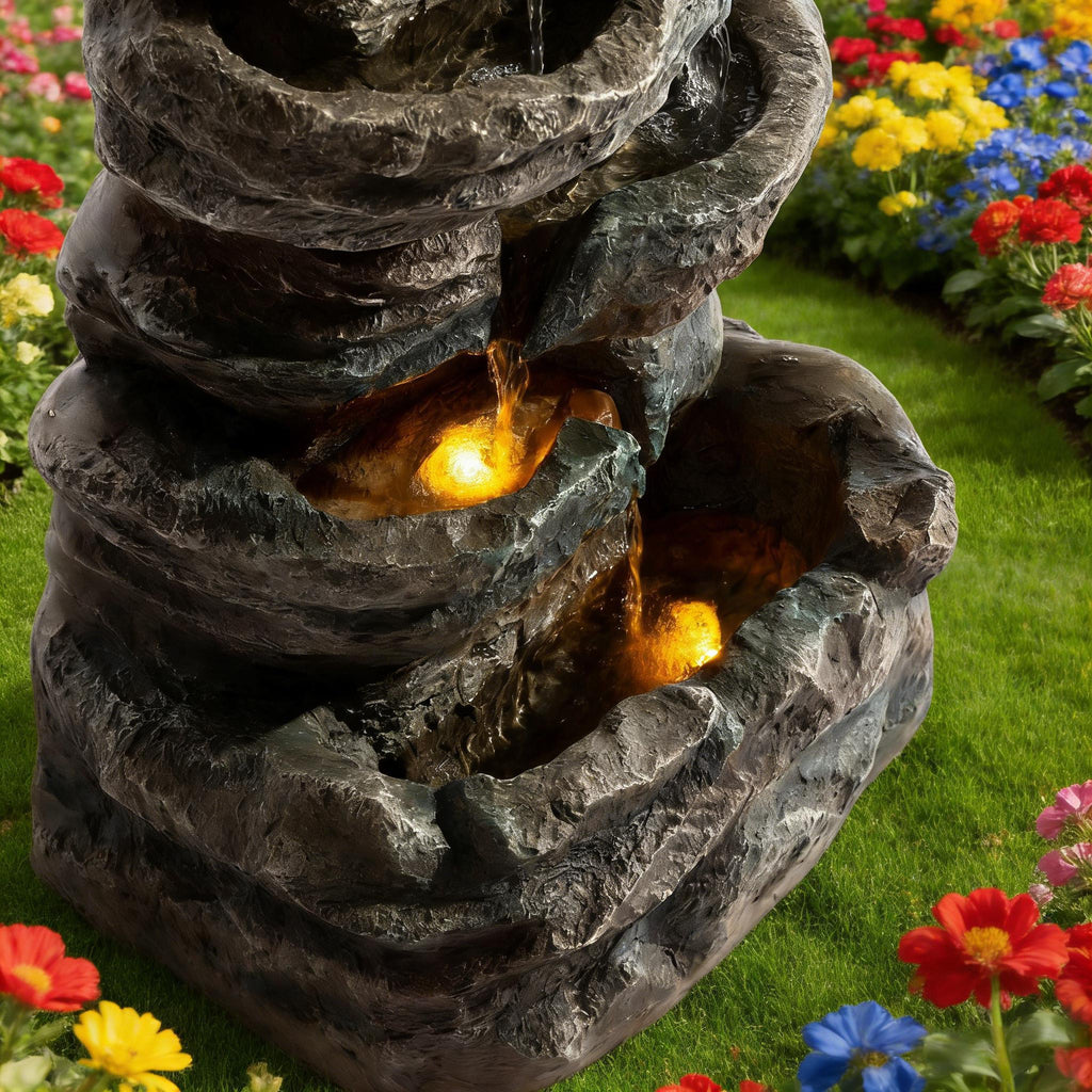 6-Tier Outdoor Cascading Stone Water Fountain with 3 LED Lights, view 5