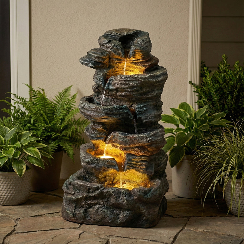 6-Tier Outdoor Cascading Stone Water Fountain with 3 LED Lights, view 4