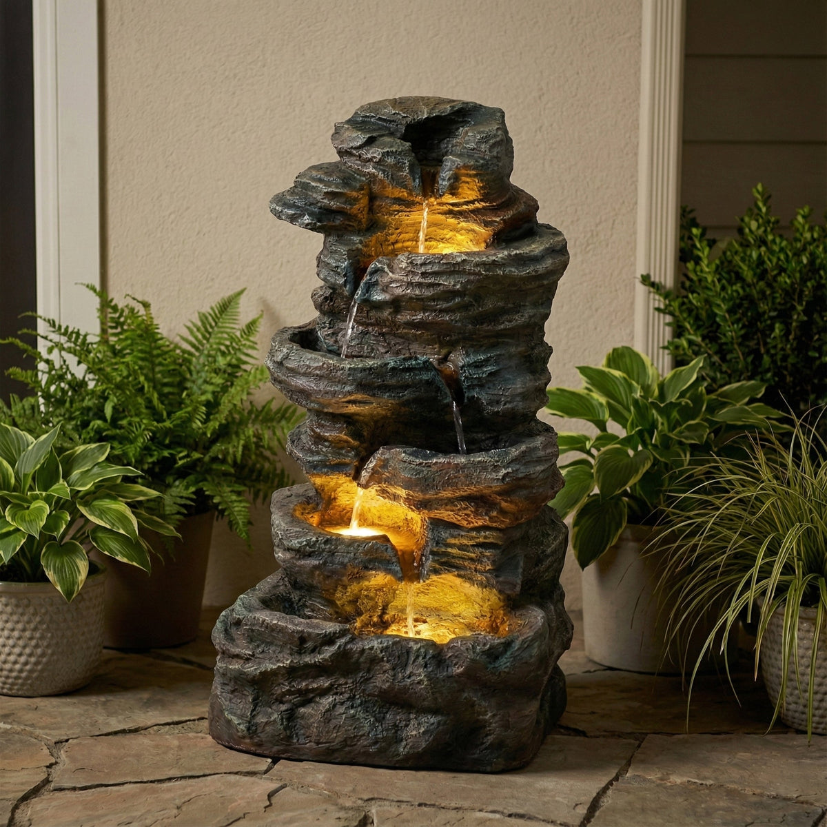 6-Tier Outdoor Cascading Stone Water Fountain with 3 LED Lights, view 4
