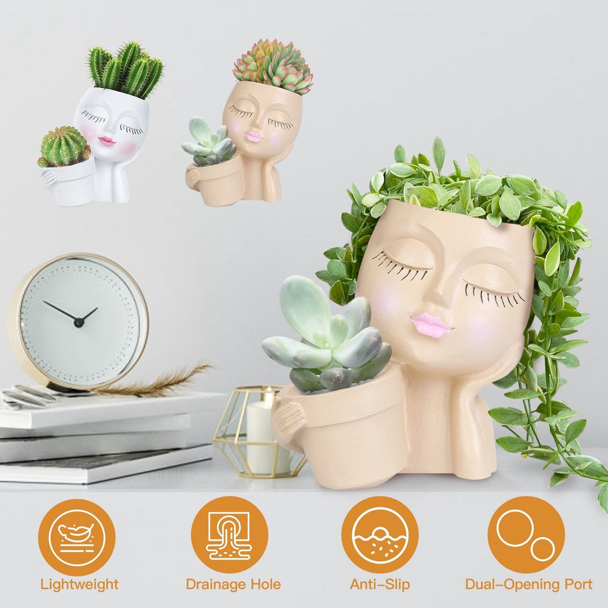 Girl Face Planter Pot Dual Opening Flower Pot With Drainage Hole Lady Head Resin Plant Pot For Succulent, view 7