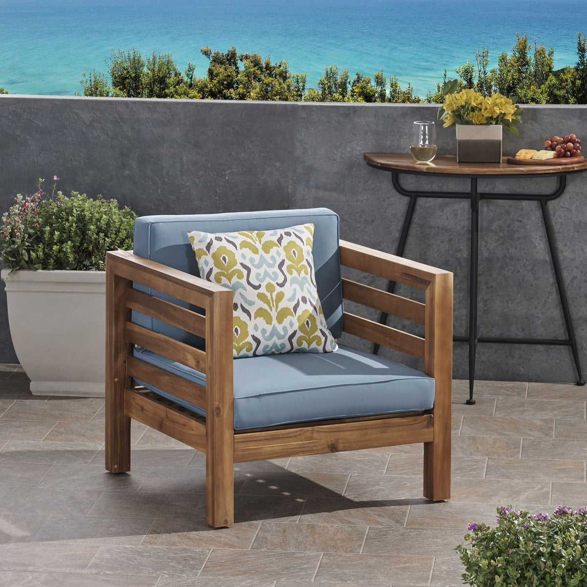Outdoor Acacia Wood Patio Chair With Fabric Cushion, view 9