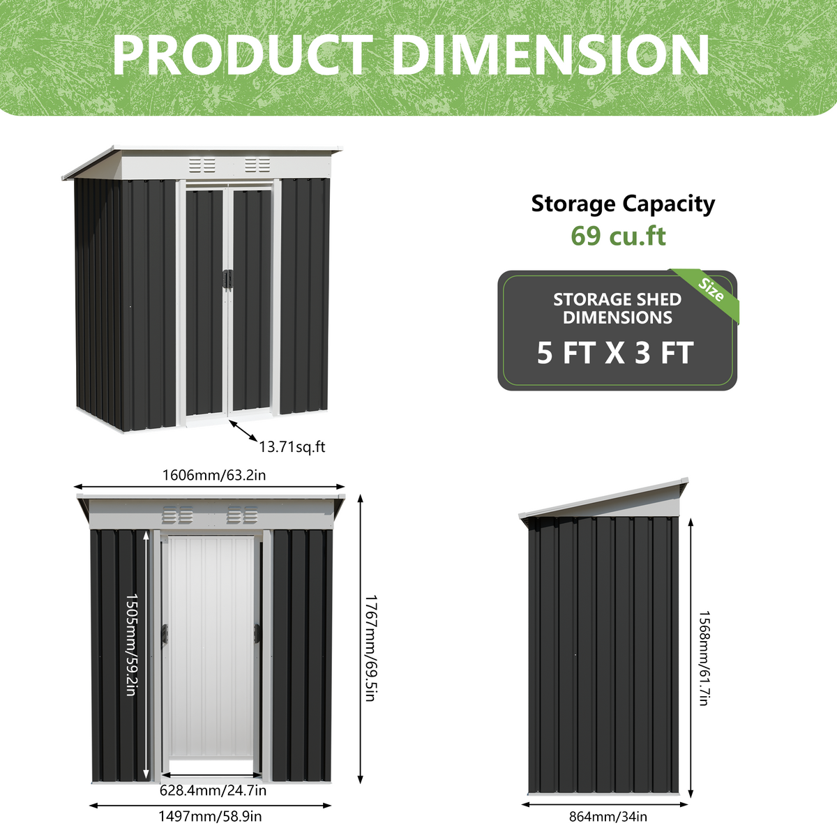 5x3 FT Metal Garden Shed with Sliding Door, view 3