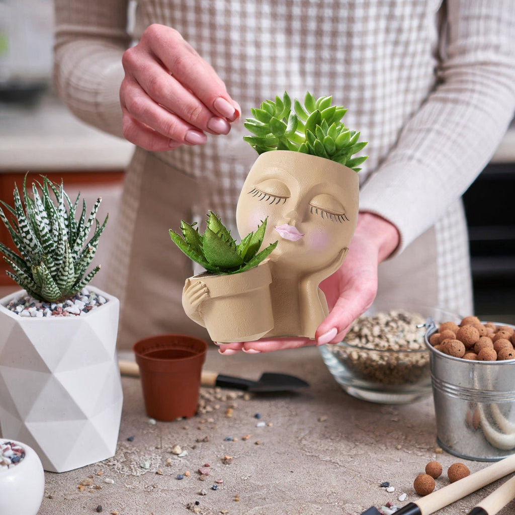 Girl Face Planter Pot Dual Opening Flower Pot With Drainage Hole Lady Head Resin Plant Pot For Succulent, view 5