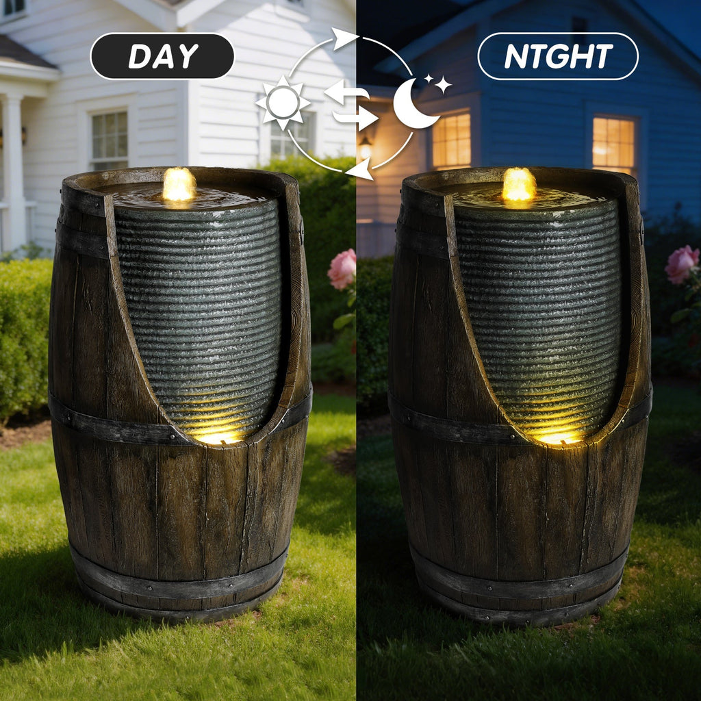 Wooden Barrel Style Outdoor Water Fountain with Lights, view 2