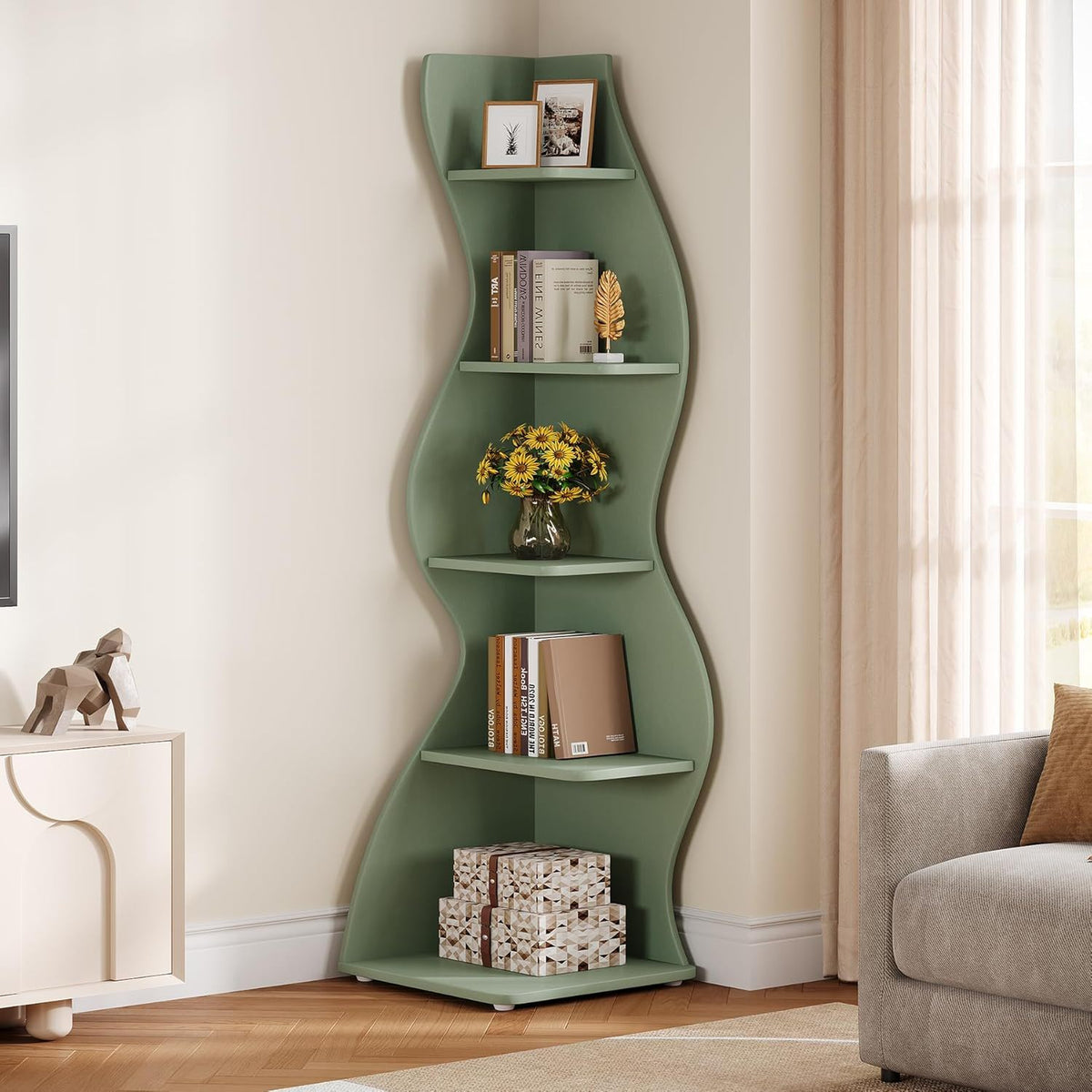 5-tier wavy corner bookshelf and plant stand, view 9