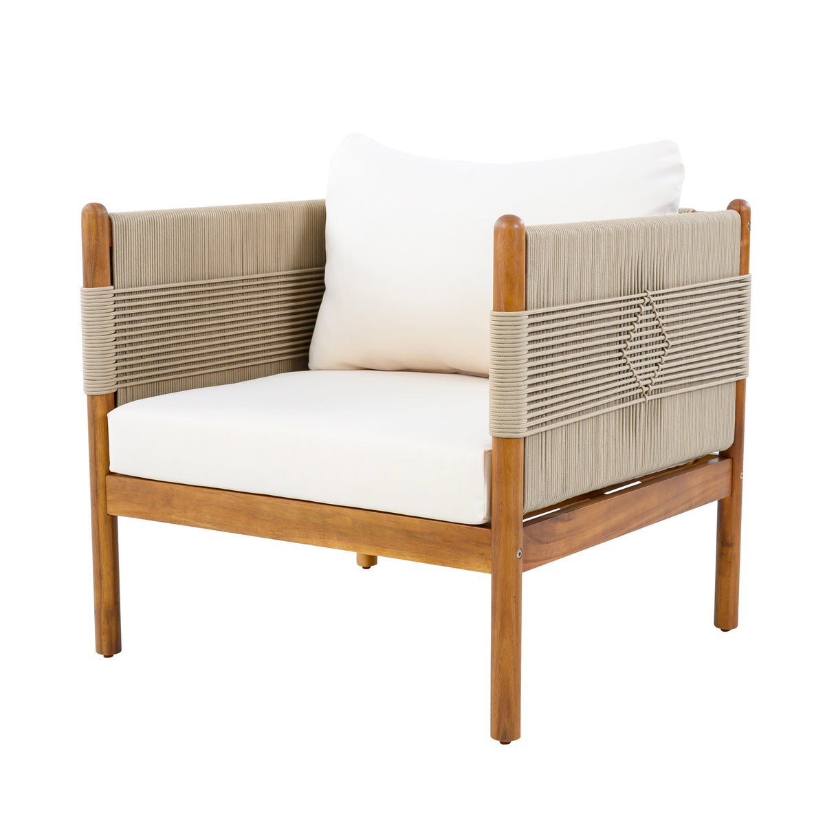Outdoor Acacia Wood Club Chair with Diamond Rope Weave & Cushions, Teak Finish