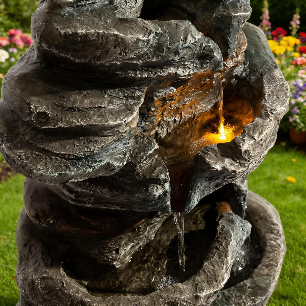 6-Tier Outdoor Cascading Stone Water Fountain with 3 LED Lights, view 7