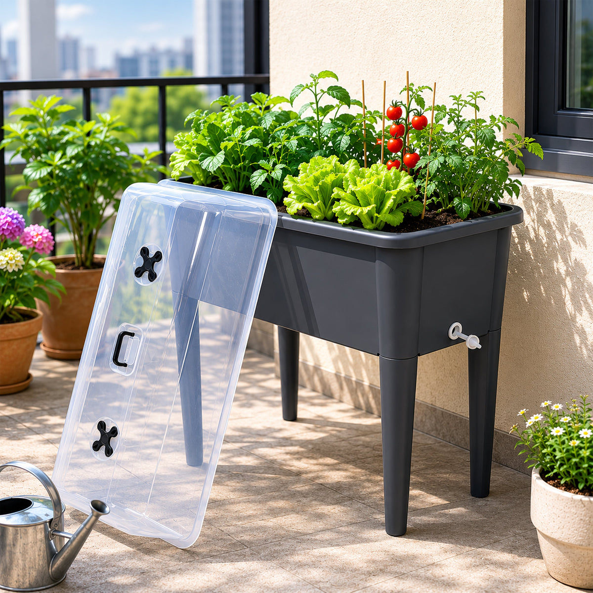 Elevated Resin Garden Bed with Greenhouse Lid & Removable Legs, view 9