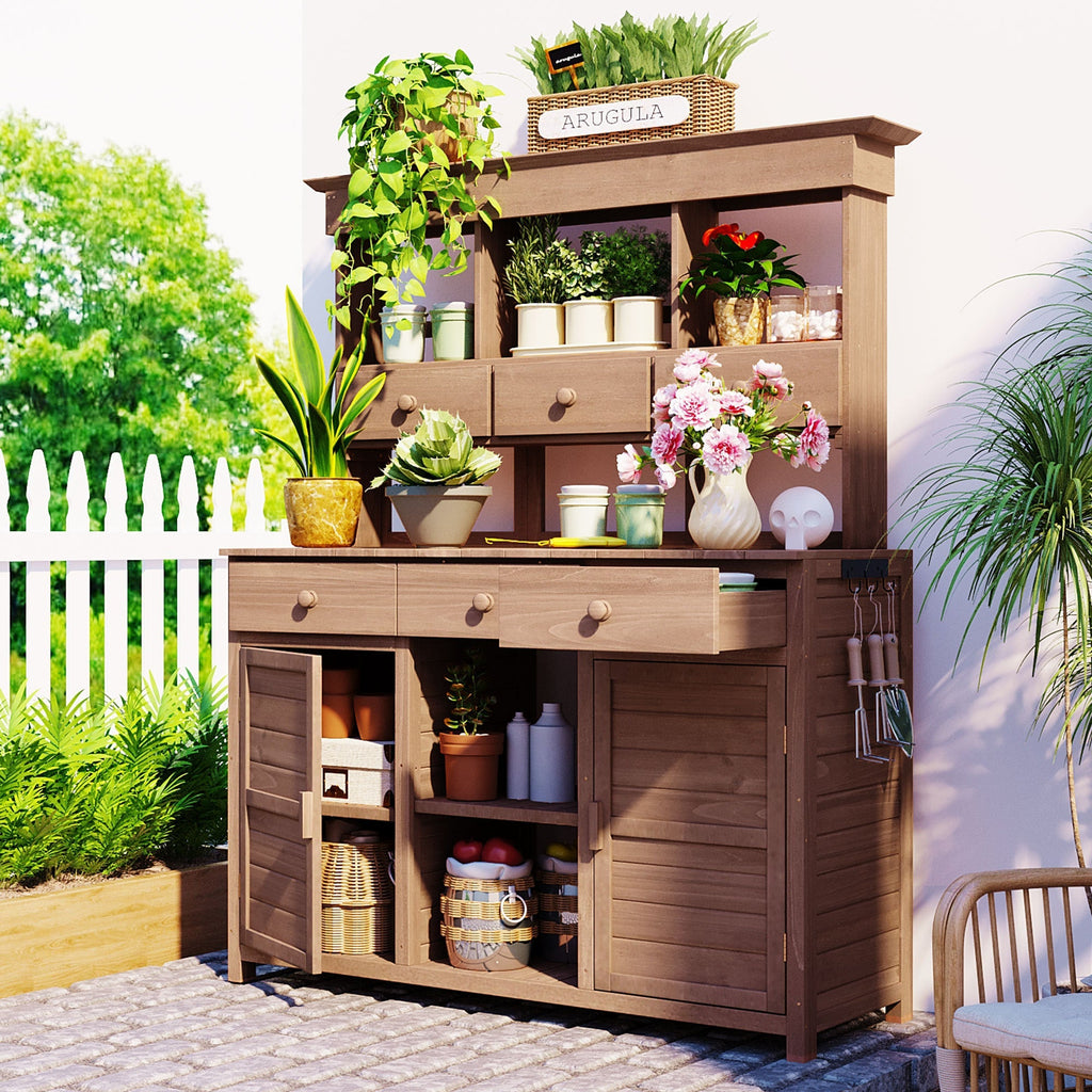 Rustic Fir Wood Potting Bench Table with Hutch – 65.7" Tall