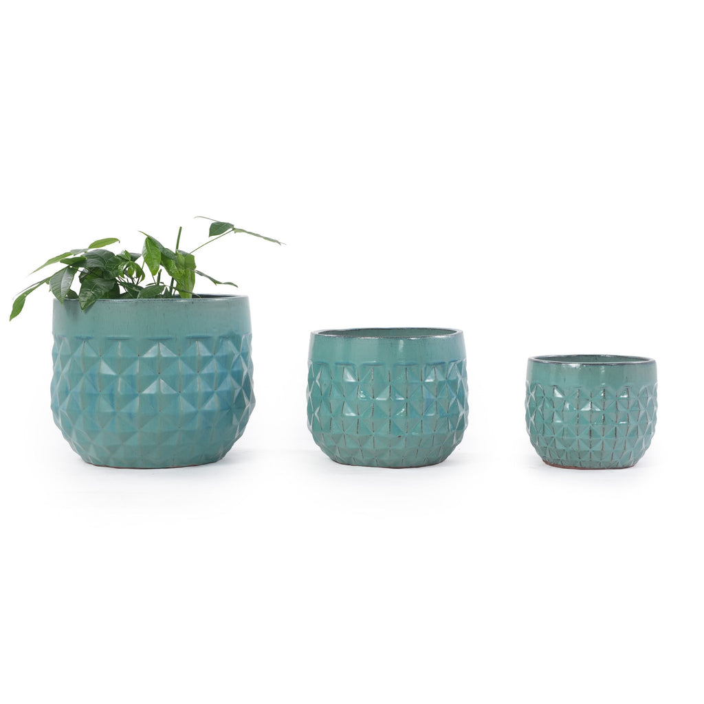 Handmade Ceramic Planter Pots Set of 3, Vintage Turquoise, view 3