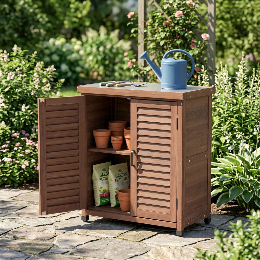 Potting Bench With Storage Cabinet And Metal Table Top For Outdoor, view 9