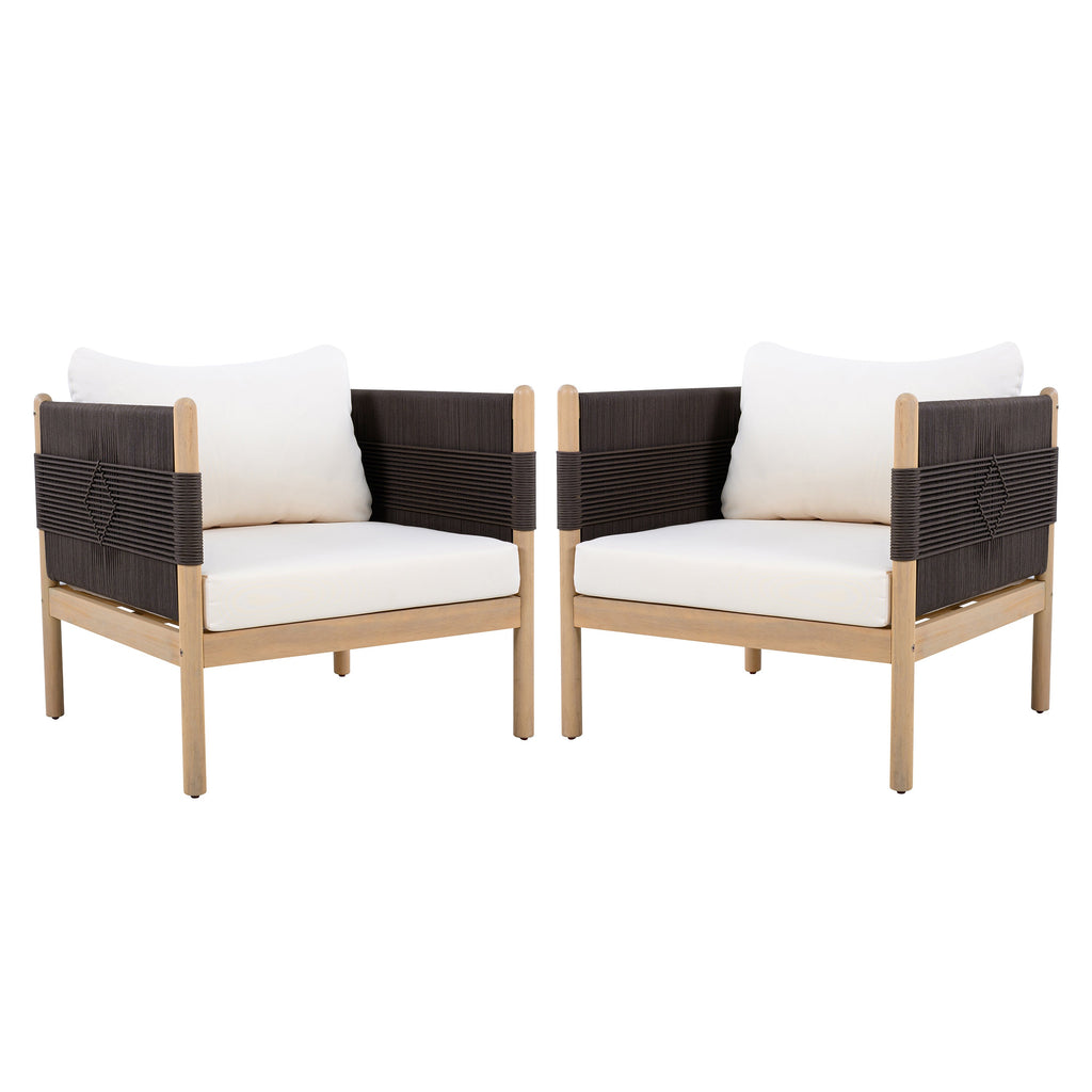 Outdoor Acacia Club Chairs (Set of 2) with Diamond-Pattern Black Rope, Light Teak Finish
