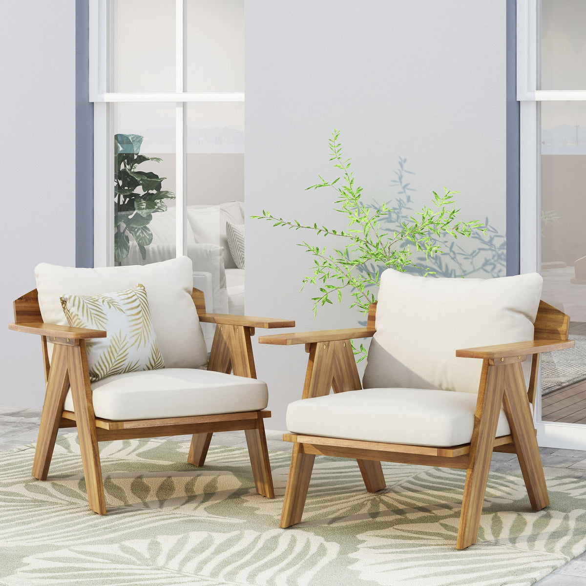 Outdoor Acacia Wood Club Chairs With Cushions (Set of 2) - Teak / Beige, view 3