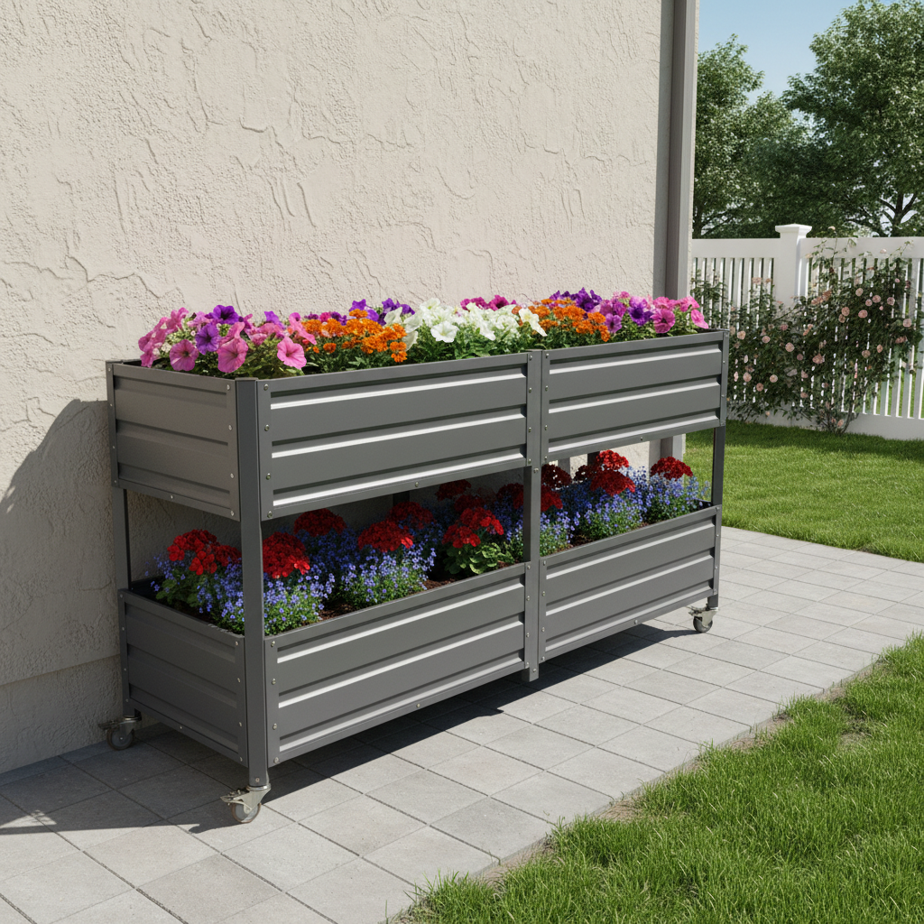 Dual Tier Elevated Metal Raised Garden Bed with Lockable Wheels, view 4
