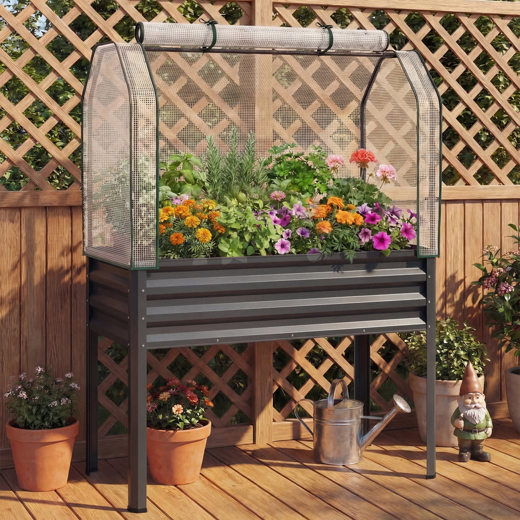 2 Pieces Galvanized Raised Garden Bed with Legs and Greenhouse Cover for Vegetable Flower, view 4