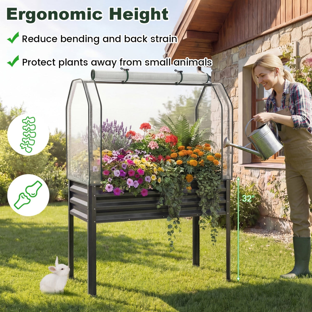 2 Pieces Galvanized Raised Garden Bed with Legs and Greenhouse Cover for Vegetable Flower, view 7