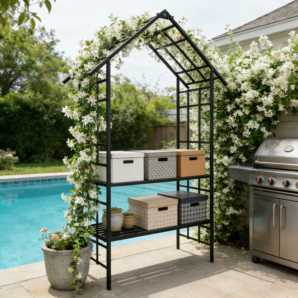 Metal Garden Arch with Bench Turned into Flower Stand, view 5