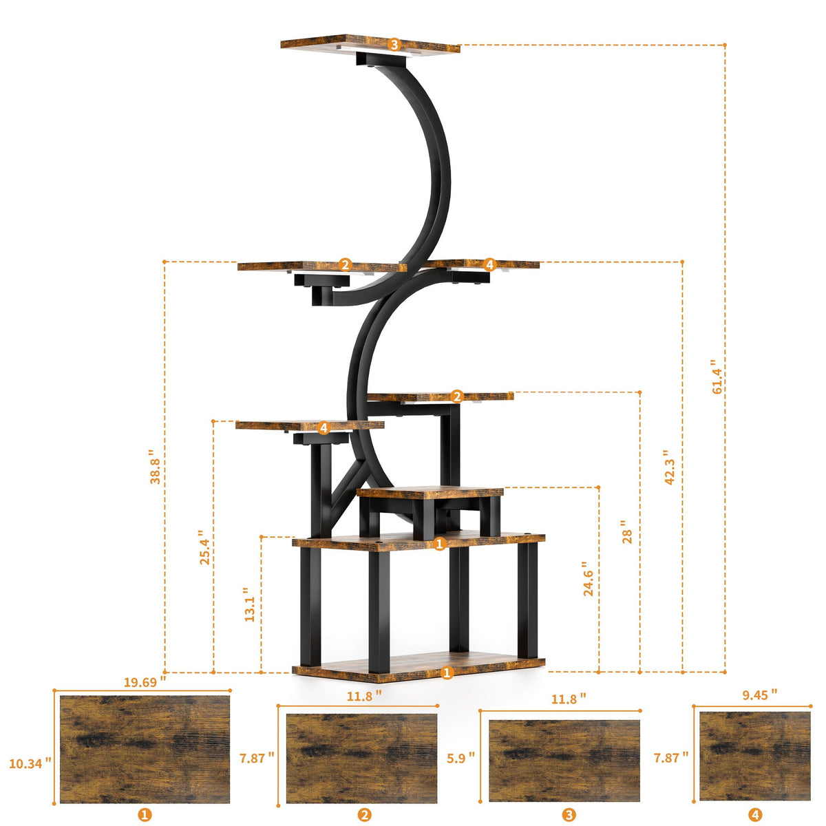 8-tier plant stand with 5 grow lights, rustic brown, view 3