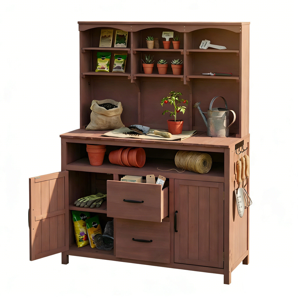 TOPMAX Large Fir Wood Potting Bench with Hutch and Storage, view 8