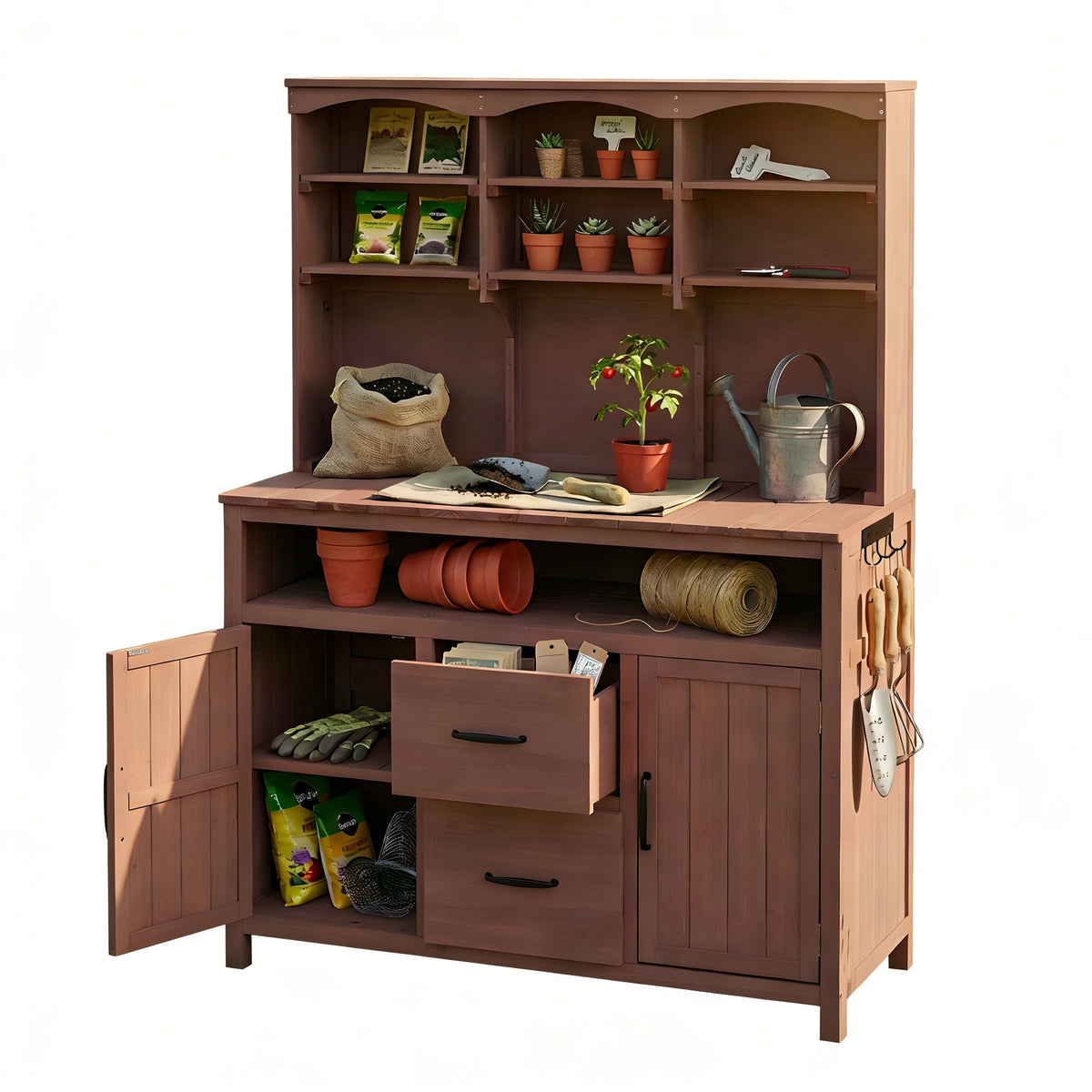 TOPMAX Large Fir Wood Potting Bench with Hutch and Storage, view 8