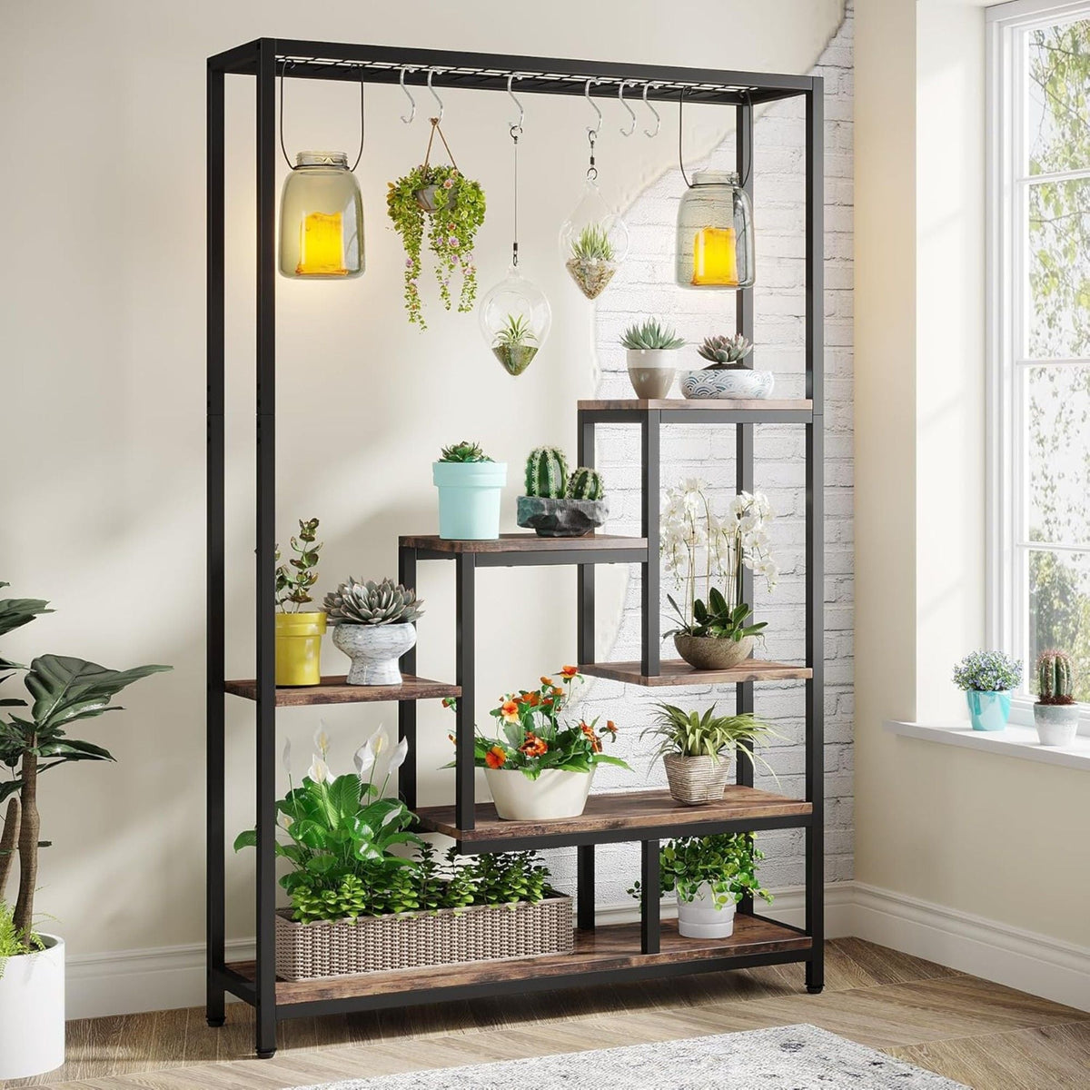 5-tier ladder plant stand with 6 hooks, view 2