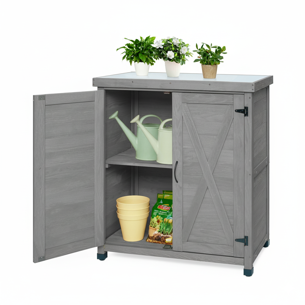 Potting Bench with Storage Cabinet and Metal Table Top, view 2