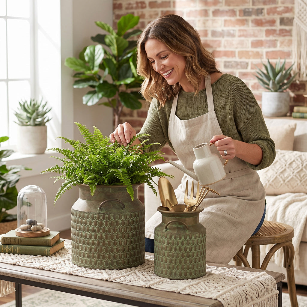 S/2 Iron Milk Jug Planters with Textured Green Finish, view 7