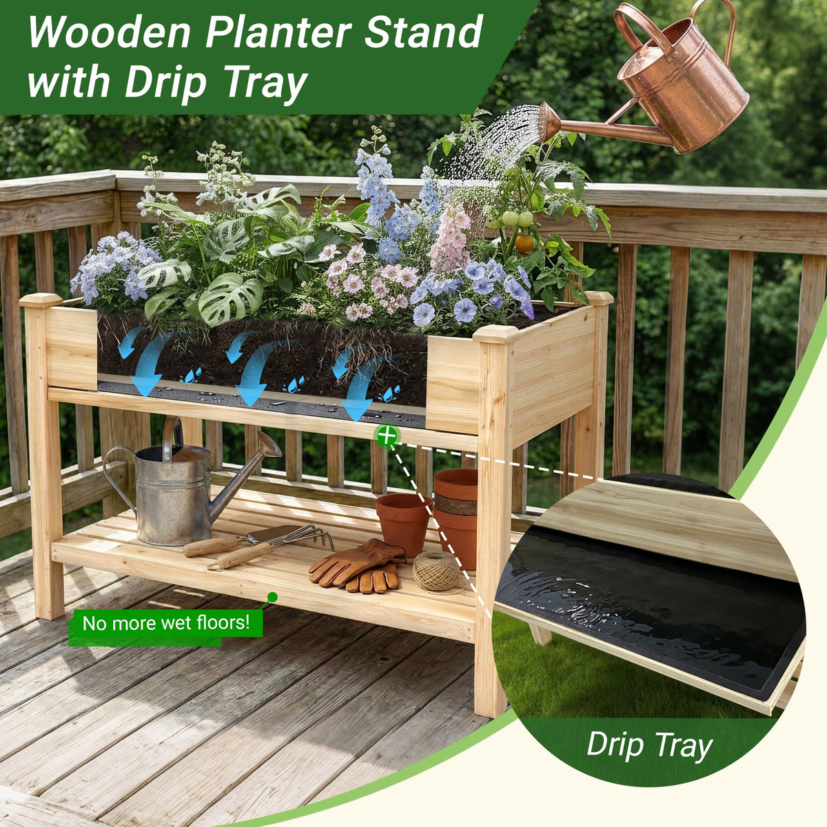 Raised Garden Bed with Water Collection Tray and Storage Shelf, view 10