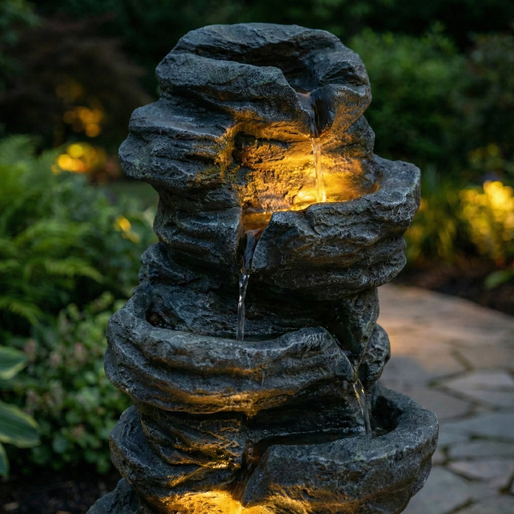 6-Tier Outdoor Cascading Stone Water Fountain with 3 LED Lights, view 3